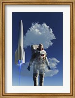 Framed Human Astronaut in Front of a Rocketship Taking Off