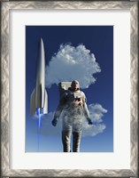 Framed Human Astronaut in Front of a Rocketship Taking Off