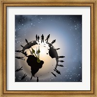 Framed Human Silhouettes Standing Around Planet Earth, Representing Time and Crowd