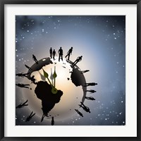 Framed Human Silhouettes Standing Around Planet Earth, Representing Time and Crowd