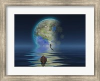 Framed Man With Boat On Water Surface Before the Terraformed Moon