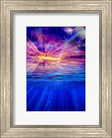 Framed Vivid Sky With Moon and Galaxy Over a Calm Water Surface