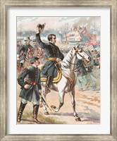 Framed General Joseph Hooker riding on a horse and waving at his troops