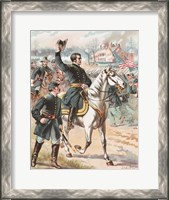 Framed General Joseph Hooker riding on a horse and waving at his troops
