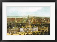 Framed Bird's eye view of Washington DC with the US Capitol up front