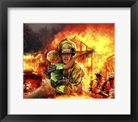 Framed Fireman saving a Boy from a Burning Building