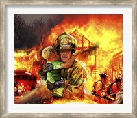 Framed Fireman saving a Boy from a Burning Building