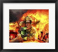 Framed Fireman saving a Boy from a Burning Building