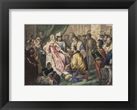 Framed Christopher Columbus kneeling in front of Queen Isabella I