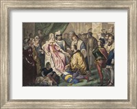 Framed Christopher Columbus kneeling in front of Queen Isabella I