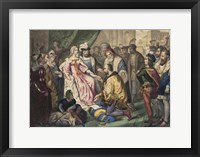 Framed Christopher Columbus kneeling in front of Queen Isabella I