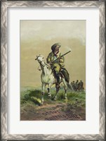 Framed Buffalo Bill on horseback, holding Smoking Rifle