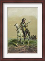 Framed Buffalo Bill on horseback, holding Smoking Rifle