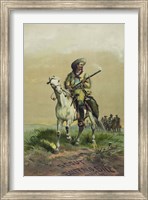 Framed Buffalo Bill on horseback, holding Smoking Rifle