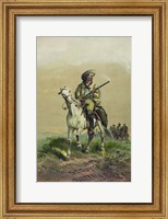 Framed Buffalo Bill on horseback, holding Smoking Rifle