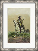 Framed Buffalo Bill on horseback, holding Smoking Rifle