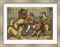 Framed Lion Tamer in Cage with Lions and Tigers