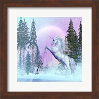 Framed Unicorn Rearing Up in a Mythical Forest