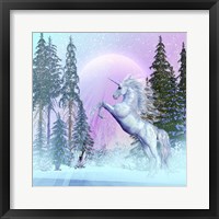 Framed Unicorn Rearing Up in a Mythical Forest