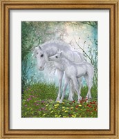Framed Unicorn Foal with Mother  in a Magical Forest