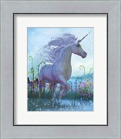 Framed White Unicorn Stallion in a Garden Full of Flowers and Plants