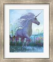 Framed White Unicorn Stallion in a Garden Full of Flowers and Plants
