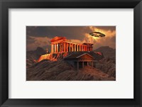 Framed Flying Saucer Flying Above An Ancient Temple Complex