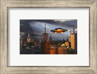 Framed Alien Flying Saucer Flying Over a Futuristic City