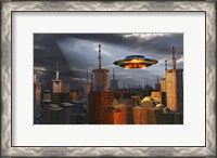 Framed Alien Flying Saucer Flying Over a Futuristic City