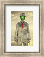 Framed Metallic Man With Face Obscure By Green Apple