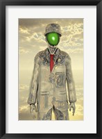 Framed Metallic Man With Face Obscure By Green Apple