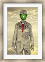 Framed Metallic Man With Face Obscure By Green Apple