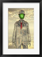 Framed Metallic Man With Face Obscure By Green Apple