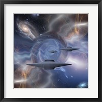 Framed Surreal Digital Art Flying Saucers in Warped Space