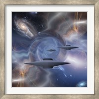 Framed Surreal Digital Art Flying Saucers in Warped Space