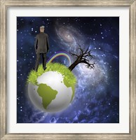 Framed Man Stands On Globe With Old Tree and Rainbow Deep Space