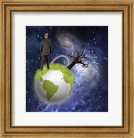 Framed Man Stands On Globe With Old Tree and Rainbow Deep Space