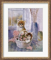 Framed Flower Basket with Cats