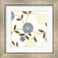 Framed Blue and Cream Flowers on Silk I