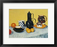 Framed Still Life with Blue Enamel Coffeepot, Earthenware and Fruit