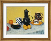 Framed Still Life with Blue Enamel Coffeepot, Earthenware and Fruit