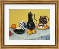 Framed Still Life with Blue Enamel Coffeepot, Earthenware and Fruit