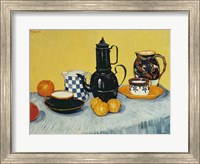 Framed Still Life with Blue Enamel Coffeepot, Earthenware and Fruit