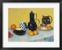 Framed Still Life with Blue Enamel Coffeepot, Earthenware and Fruit