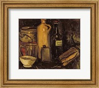 Framed Still life with pots, bottles and flasks