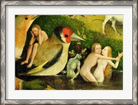Framed Garden of Earthly Delights: Allegory of Luxury, central panel of triptych, detail of couple in the water and a bird, c.1500