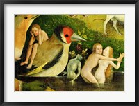 Framed Garden of Earthly Delights: Allegory of Luxury, central panel of triptych, detail of couple in the water and a bird, c.1500