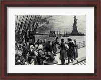 Framed New York - Welcome to the land of freedom - An ocean steamer passing the Statue of Liberty
