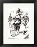 Framed Cartoon of a Lady on a Velocipede, 1869