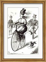 Framed Cartoon of a Lady on a Velocipede, 1869